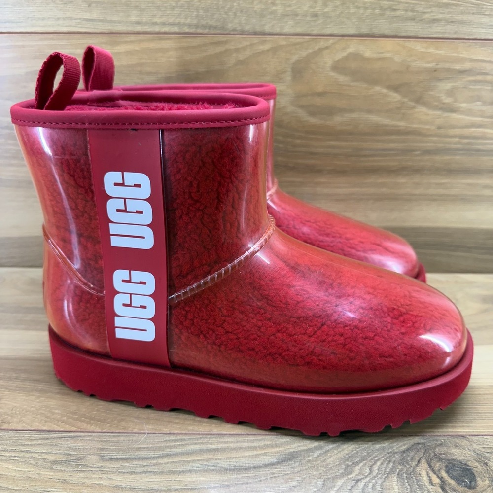 UGG Classic Clear Mini Boots Womens 6 Sherpa Shearling Fur Lined Red Jelly Cozy